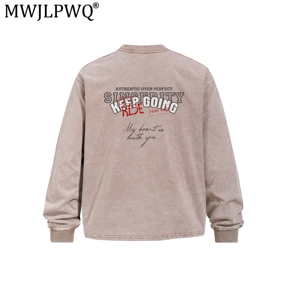 MWJLPWQ Letter Print Distressed Long-Sleeve T-Shirt For Men Spring Autumn Solid Color Loose Washed Round Neck American Top 20625