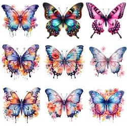 25cm Fine Rainbow Colorful Flower Butterfly Iron-On Transfers Sticker For T-Shirts DIY Animal Heat Transfer For Clothes Stickers