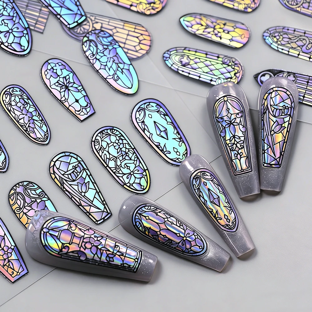 1Pcs 5D Stained Glass Nail Art Stickers Stained Floral Patterns Waterproof Long Lasting Gel Sliders for Women Girls Nail Design*