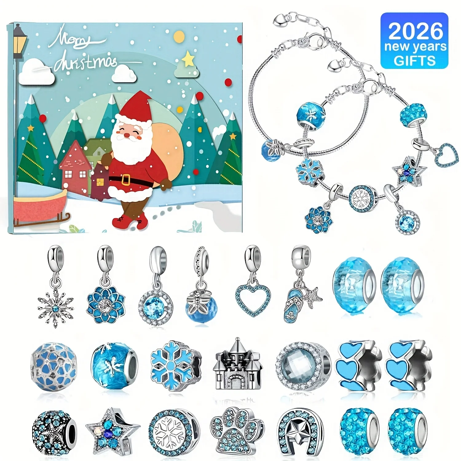 

Подарочная коробка обратного отсчета Санта-Клауса синей серии, подарок-календарь с ювелирными изделиями своими руками, набор для изготовления браслетов, подарок для любителей ручной работы, Рождество