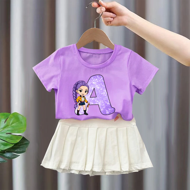 

Move K-Pop Demon Hunters T-shirt Pleated Skirt Set Letter A-Z Cute Cartoon Girls Birthday Gifts Fashion Anime Short Sleeve Tops