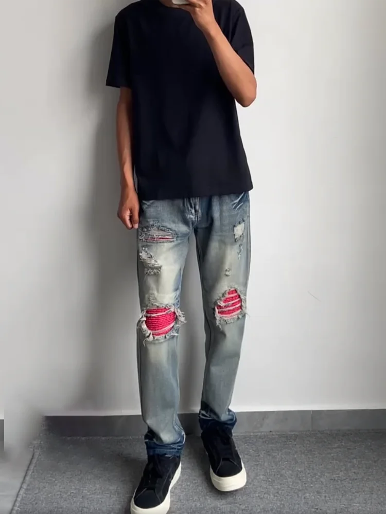 

Ретро-джинсы в американском стиле с красными вставками, мужские свободные прямые джинсы с эффектом похудения, молодежные повседневные джинсы из денима в стиле High Street