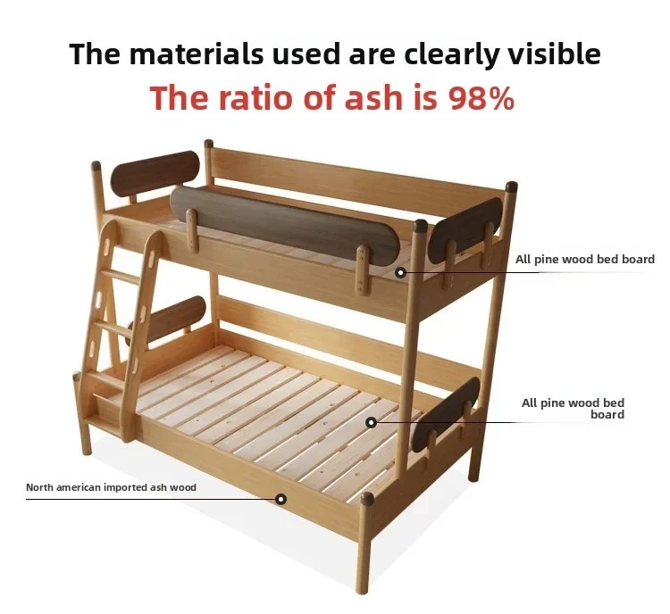 All solid wood children's bed, ash wood bunk bed with guardrail simple upper and lower bunk boys and girls Nordic mother and chi