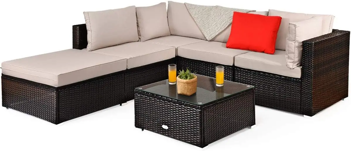 6Piece Patio Furniture Set, Outdoor Deck Lawn Backyard Durable Steel Frame PE Rattan Wicker Sectional Sofa Set, Conversation Set