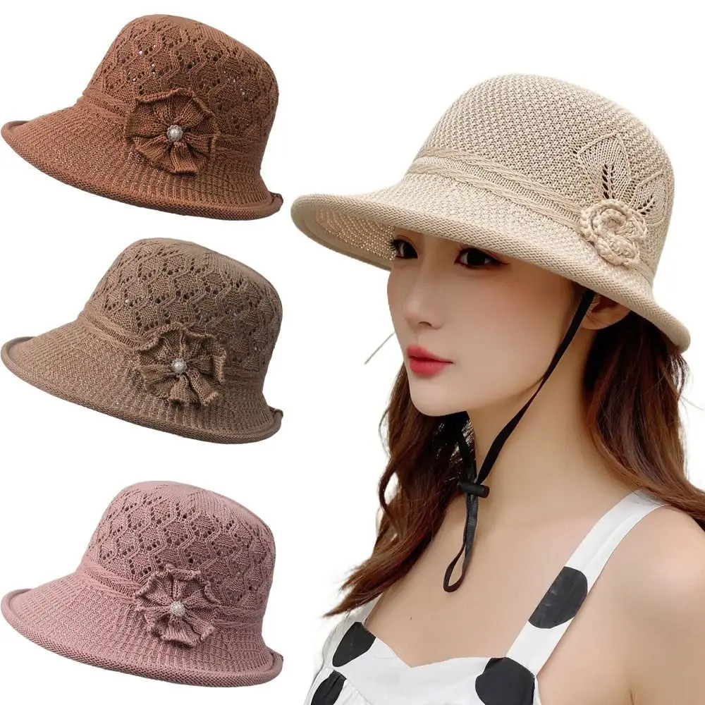 

Handmade Sun Protection Flower Pearl Woven Hat Breathable Braided Flower Knit Fisherman Cap Foldable Hollow Sun Hat Travel