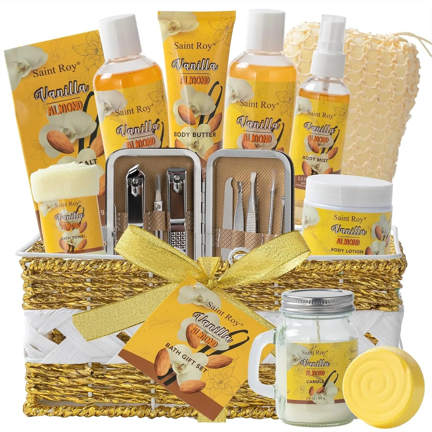 Bath & Body Gift Set, 20pcs Vanilla Honey Almond Scented Spa Basket for Women Men, Home Spa Kit