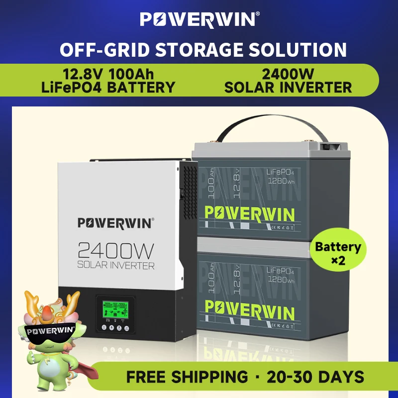 POWERWIN BT100 LifePO4 12V 100Ah/1280Wh HI3000 2400W Hybrid Solar Inverter 24V Pure Sine Wave 80A MPPT Off-grid LCD 12V Battery