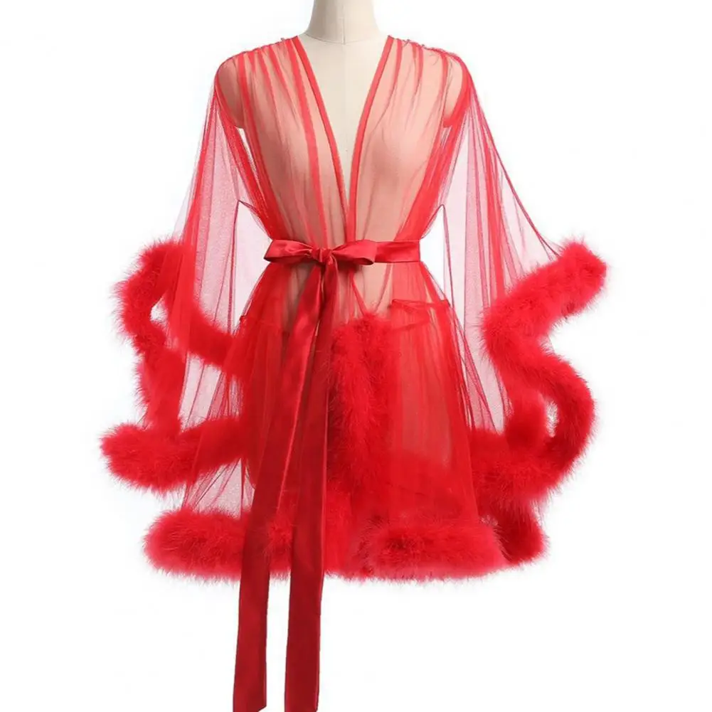 

Plush Decoration Sleepwear Mesh Ruffle Nightgown with Adjustable Waist Tie Sexy See-through Sleepwear for Women Pleated Pajama