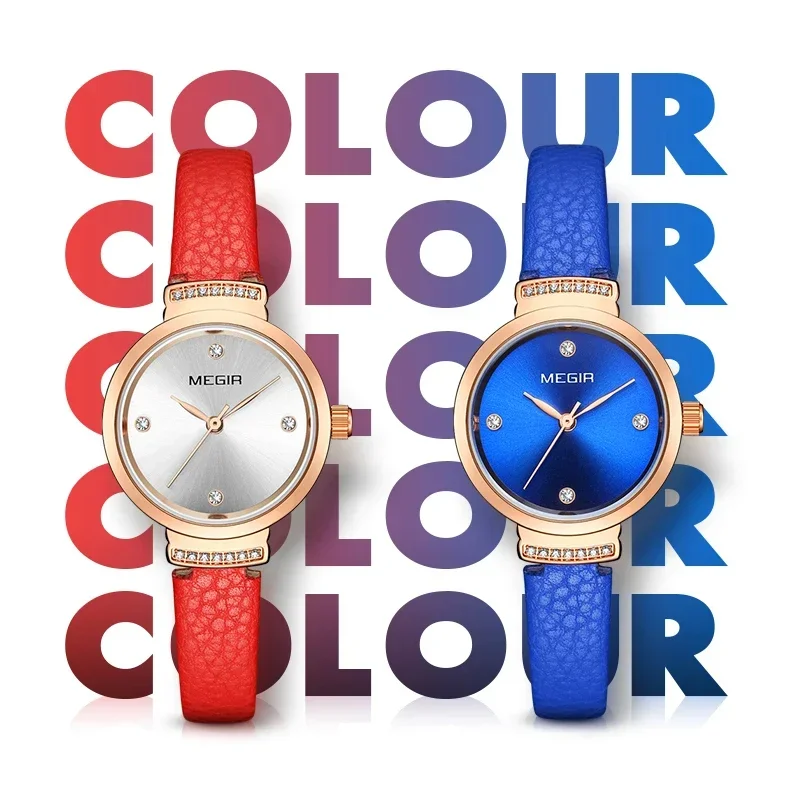 MEGIR-Montre Quartz de Luxe pour Femme, Élégante, en Cuir Bleu, Petite Robe, à la Mode