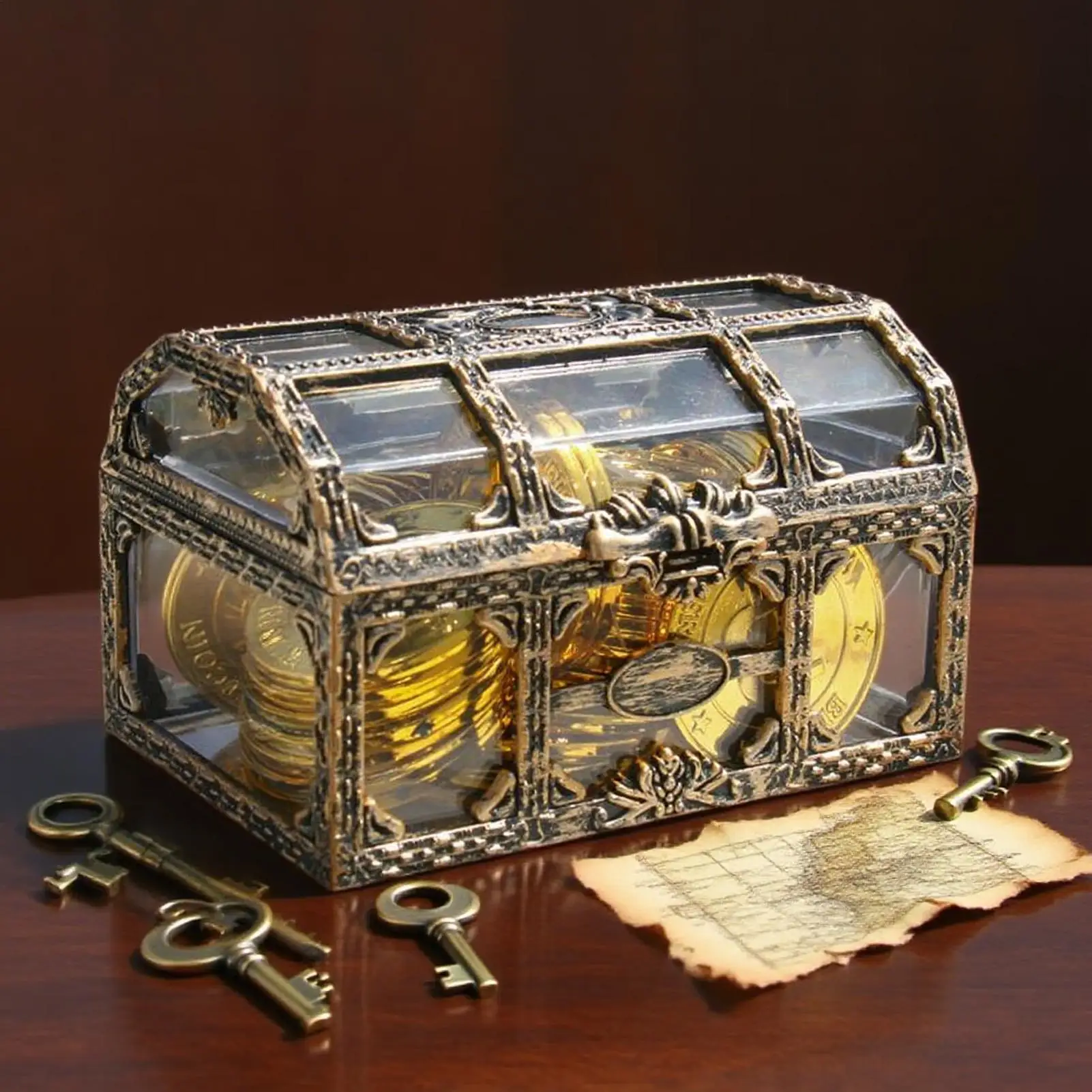 

1Pc Vintage Transparent Storage Organizer Box Treasure Chests Pirate Treasure Box Crystal Gem Jewelry Box Plastic Earrings Chest