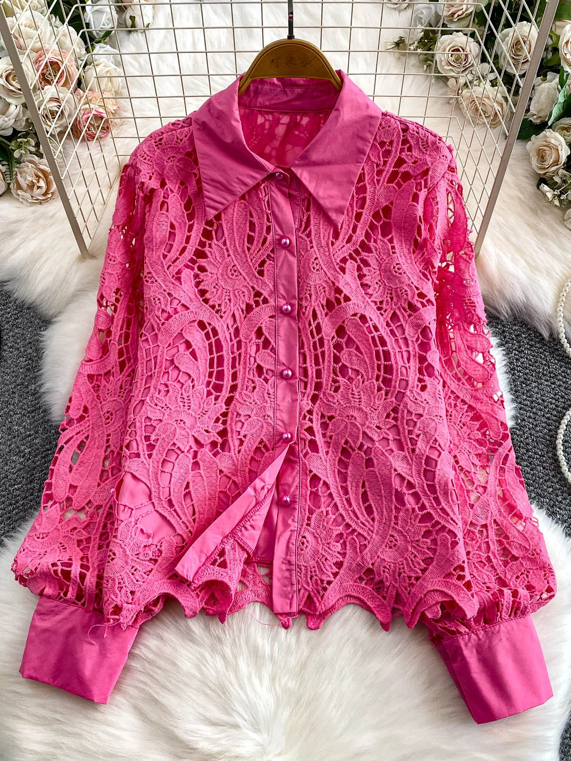 

Women Pink Polo-Neck Lace Shirts Blouses Y2k Vintage Aesthetic 2000s Elegant Long Sleeve Hollow Shirt Clothes Spring Autumn 2025