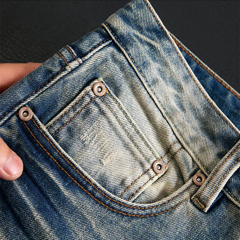 Jeans da uomo firmati di moda Jeans strappati Slim Fit elasticizzati blu lavati retrò di alta qualità da uomo pantaloni in Denim Vintage stile italiano