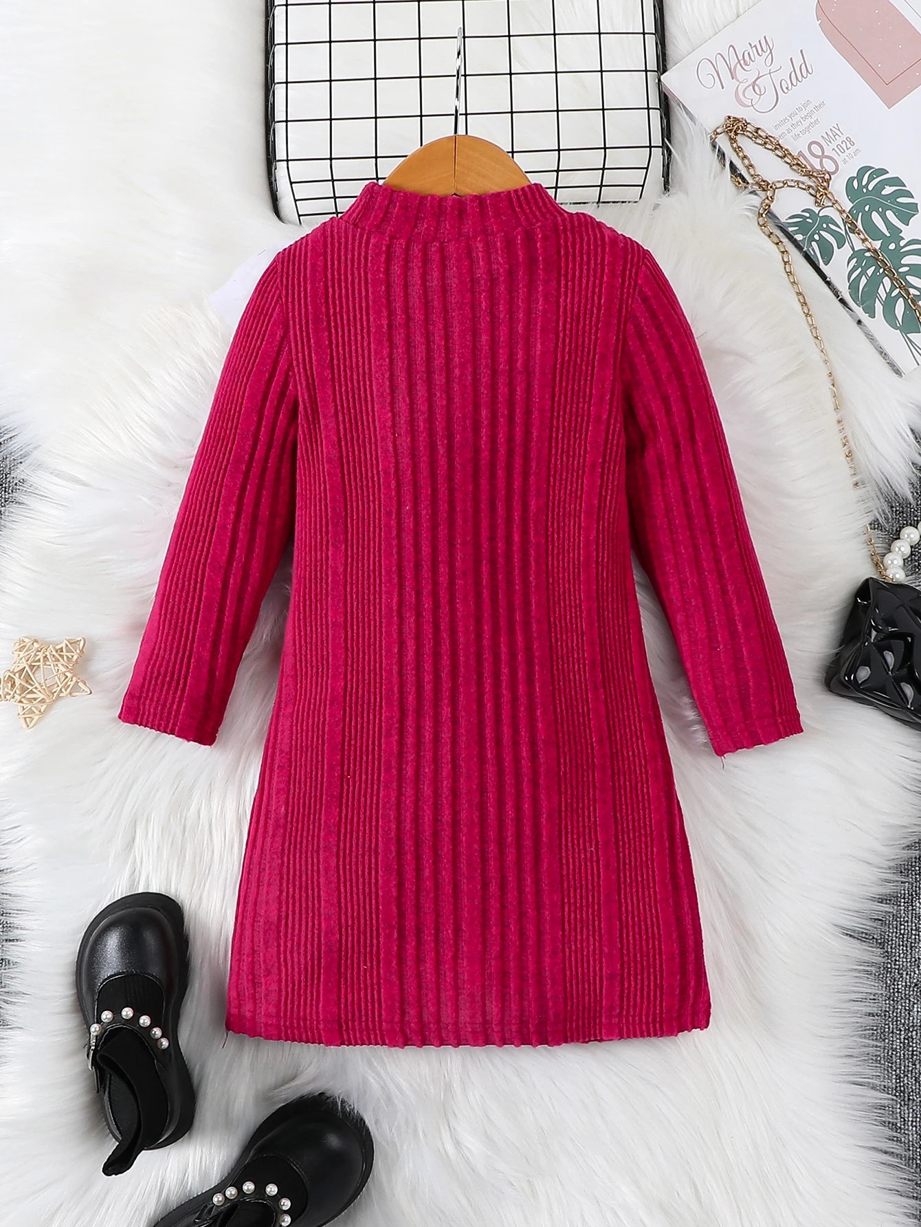 Autumn and winter girls\' long sleeved round neck solid color pit stripe knitted casual simple and fashionable cute dress