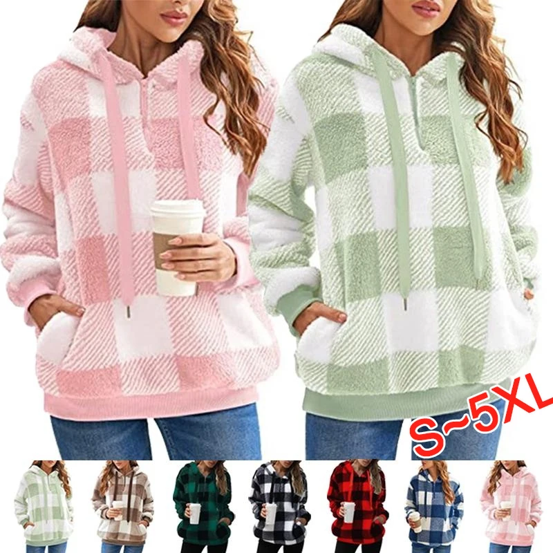 

2023 Women's Elastic Warmth Long sleeved Hooded Fleece Pullover Coat Fashion Checkered Hoodie Top S-5XL