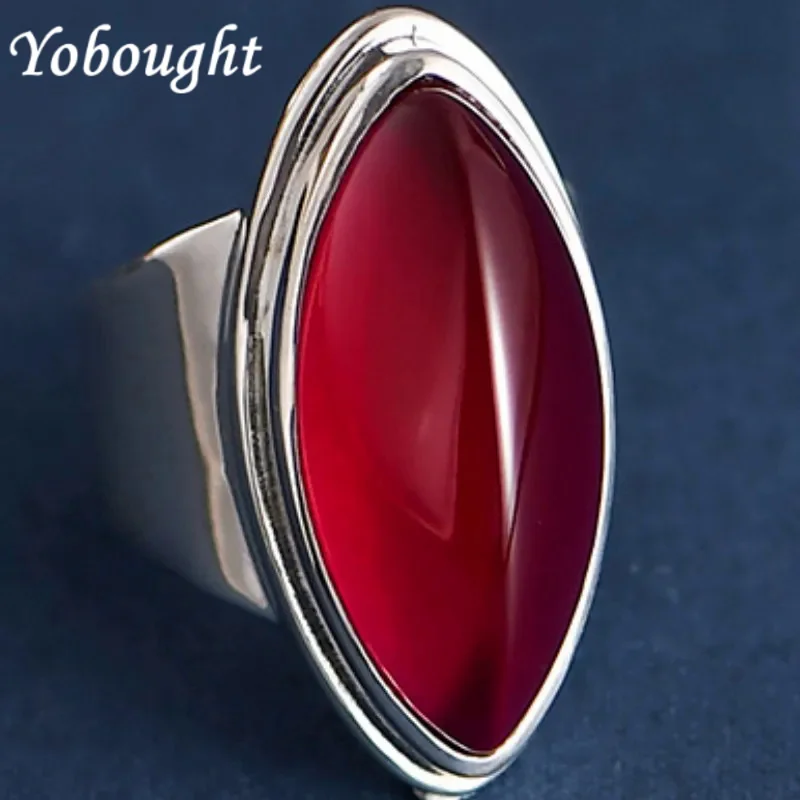 

S925 Silver European And American Retro Exaggerated And Niche Design Long Red Corundum Gemstone Open Ring For Women