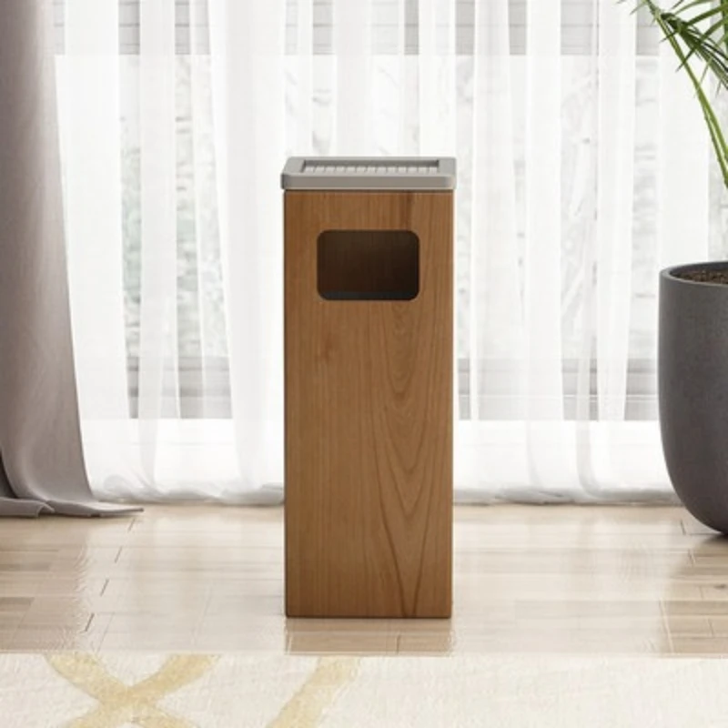 Wood Standing Trash Can Easy Clean Large Capacity Waste Bins Built-in Stainless Steel Ashtray Nordic Art Household Merchandises