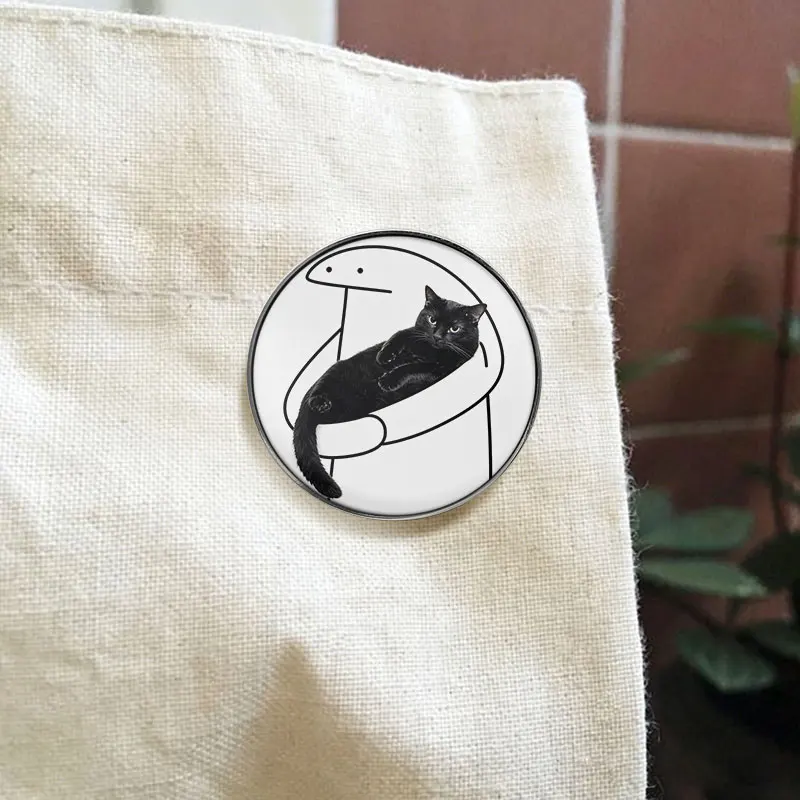 Funny Flork Meme Cat UV Printing Badges Stick Figure Hug Kitty Lapel Pin Round Metal Brooch For Jacket Backpack Decoration