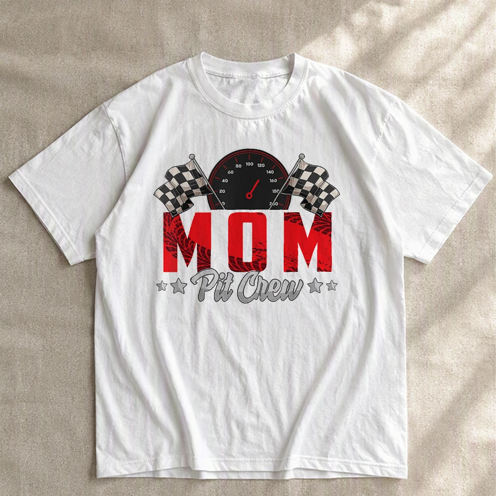 Mom Pit Crew Racing T-Shirt Cotton Vintage Speed Racing Car Mom Life Graphic Tees Casual Short Sleeve Tops Women Clothing