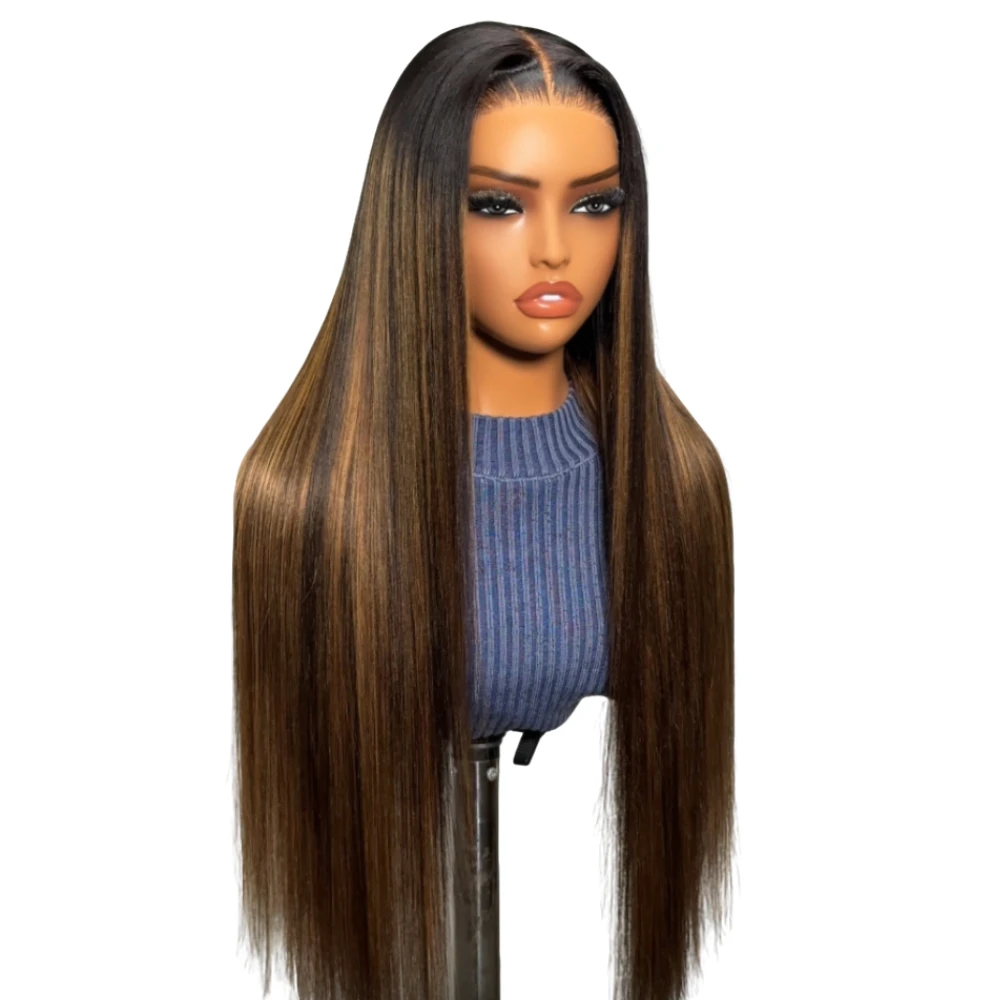 UNice Pre-alles ™   13x4 Kant Frontaal Menselijk Haar Yaki Rechte Pruik Met Trekkoord Balayage Hoogtepunten & Kastanjebruin Ombre - afbeelding 2
