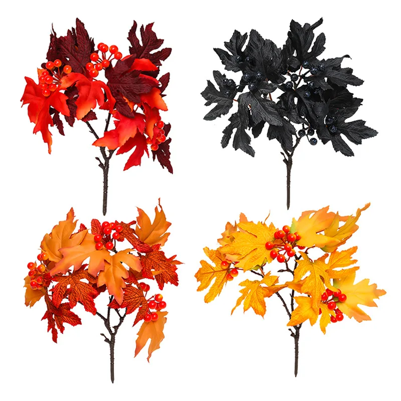 

Simulated maple leaf single Harvest Festival flocking pine cone berry autumn decoration green plant accessories