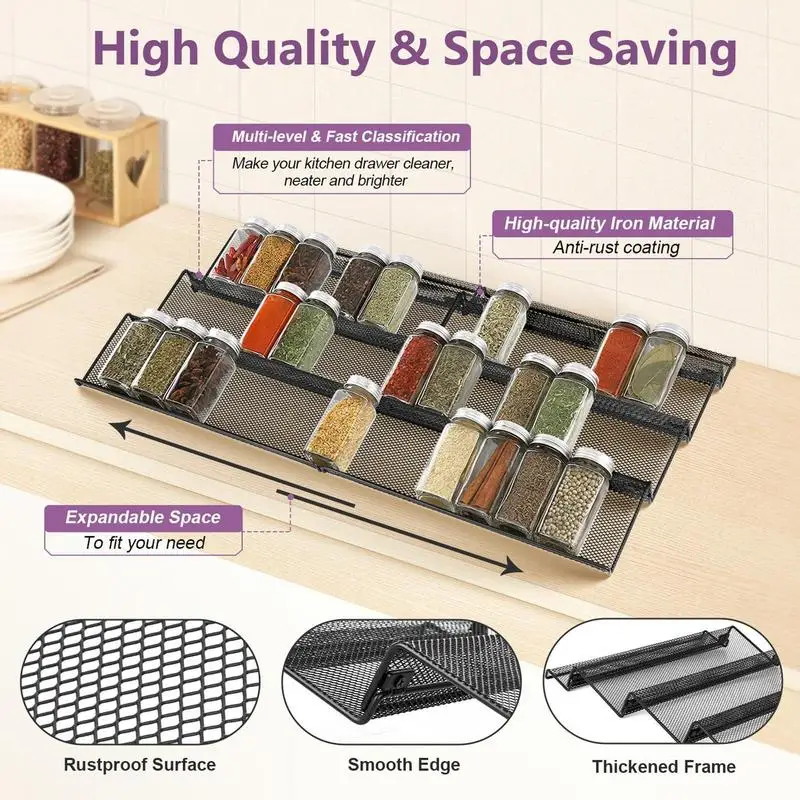 Spice Rack Organizer For Cabinet Drawer 4 Tier Slanted Drawer Insert For Spice Jars Kitchen Expandable Spice Rack Tray For