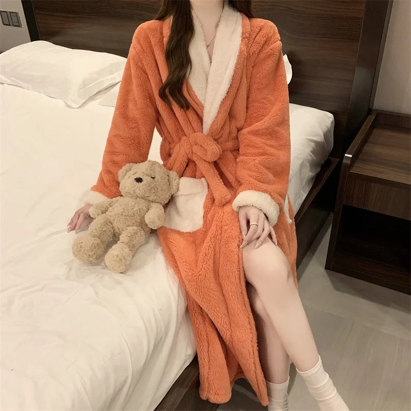 

Women's Robe Bathrobe Homewear Pajamas Spring Autumn Winter Female Coral Fleece Thickened Long Style Warm Homeclothes Loungewear