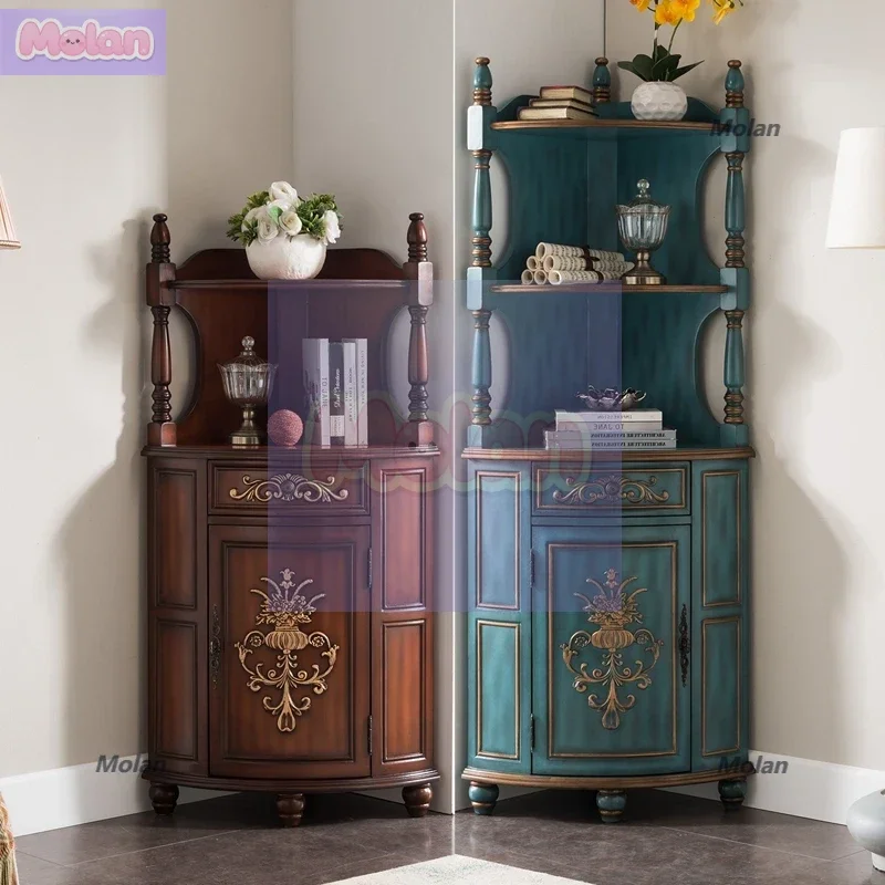 

American triangular cabinet solid wood painted European corner rack corner cabinet entrance corner shelf living room