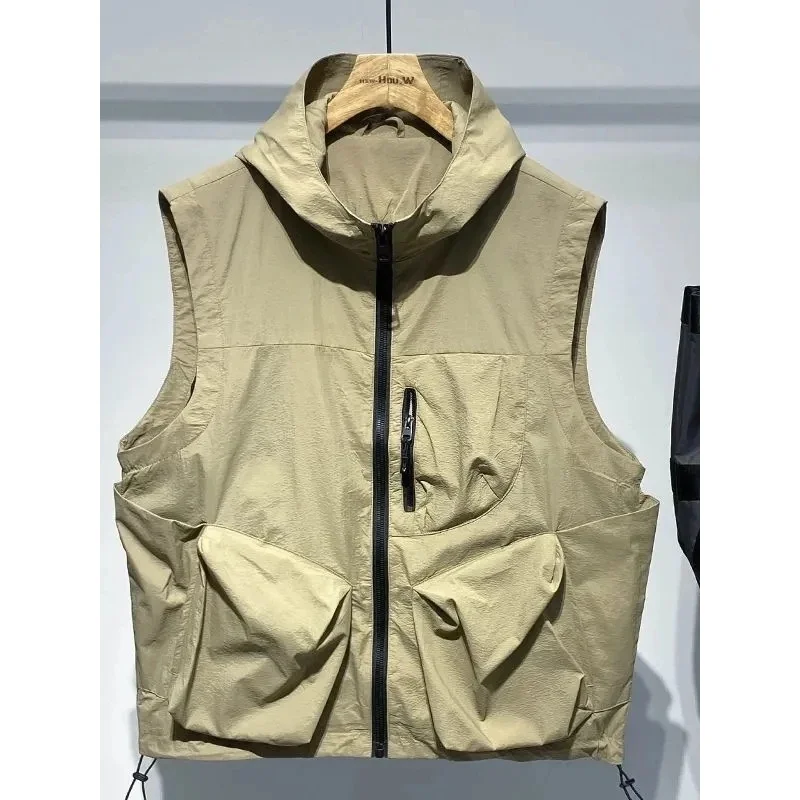 Men Hooded Cargo Vest Full‑Zip Sleeveless Jacket Multi‑Pocket Functional Outdoor Loose Street Waistcoat