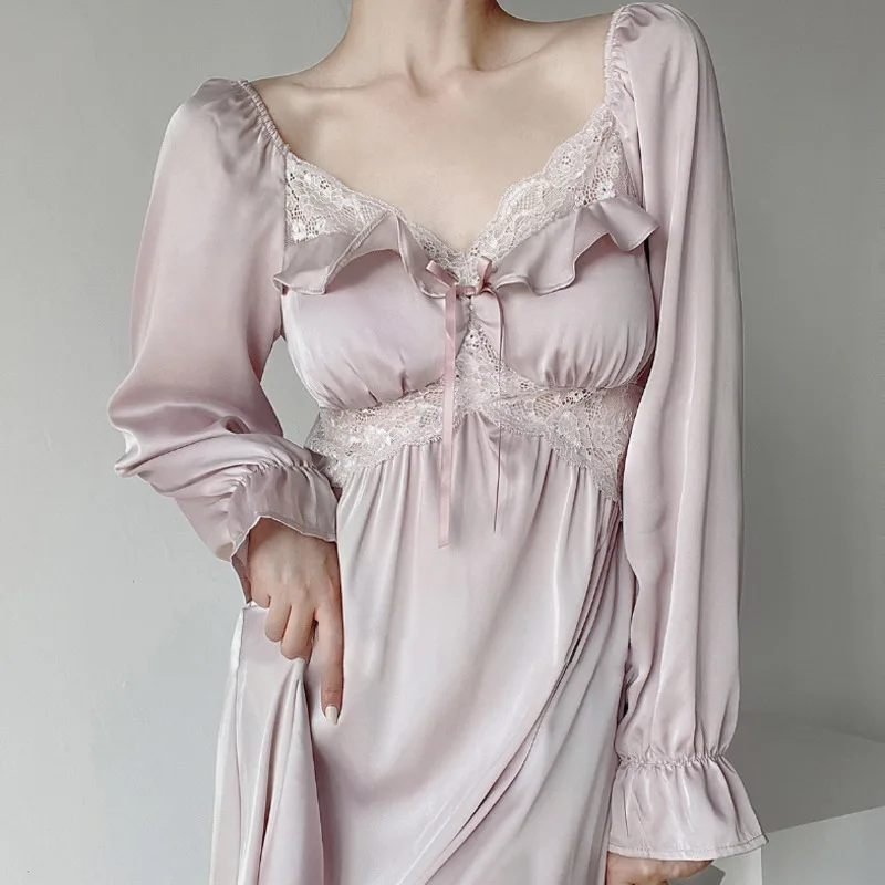 

Nightdress Women Lace Ice Silk Nightgowns French Fairy Summer Sleepshirt Nightwear Elegant Sleepwear Home Dressing Gown Pajamas