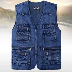 Men's Denim Vest Jacket Dark Blue Black Sleeveless Truck Driver Cyclist   Multi-pocket Zipper