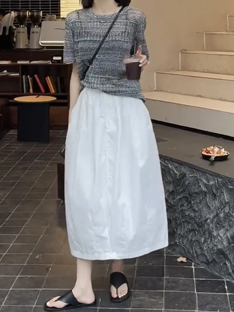 

Retro Japanese Style High Waist A-Line Midi Skirt Women's Summer Versatile White Half-length Umbrella Skirt by Guiri Rou
