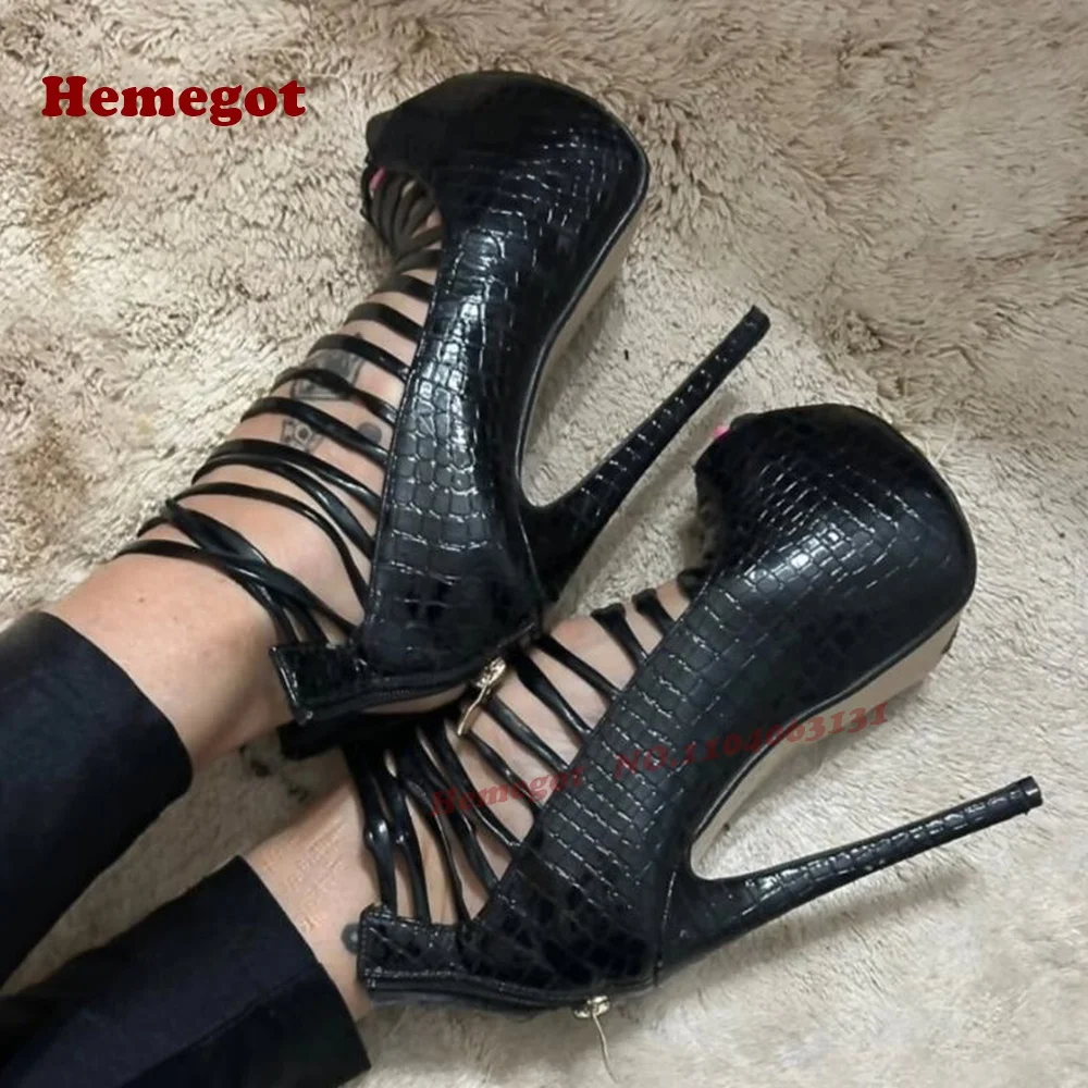 

Black Cut Out Stiletto Sandals Peep Toe Back Zipper Croc-Pattern Women's Sandals 2025 Newest Fashion High Heels Luxury Shoes