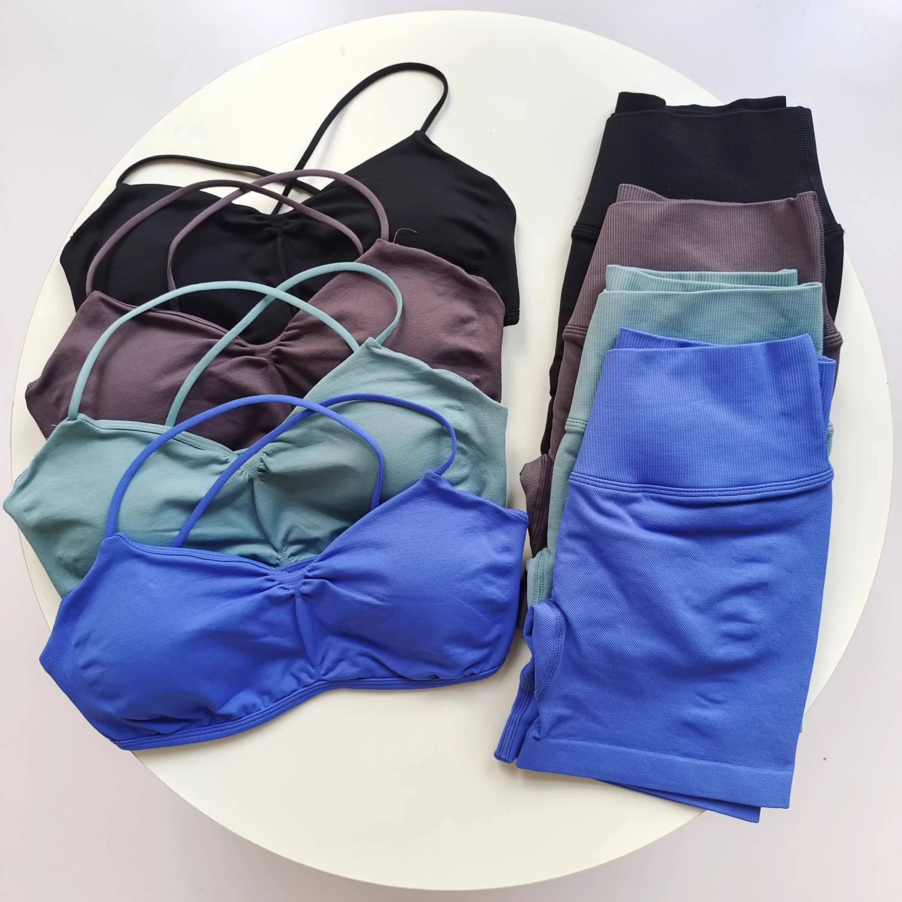 Conjunto de gimnasio de 2 piezas para mujer, Top corto de Yoga, pantalones cortos sin costuras de cintura alta, sujetador de Fitness, traje deportivo, conjunto de entrenamiento