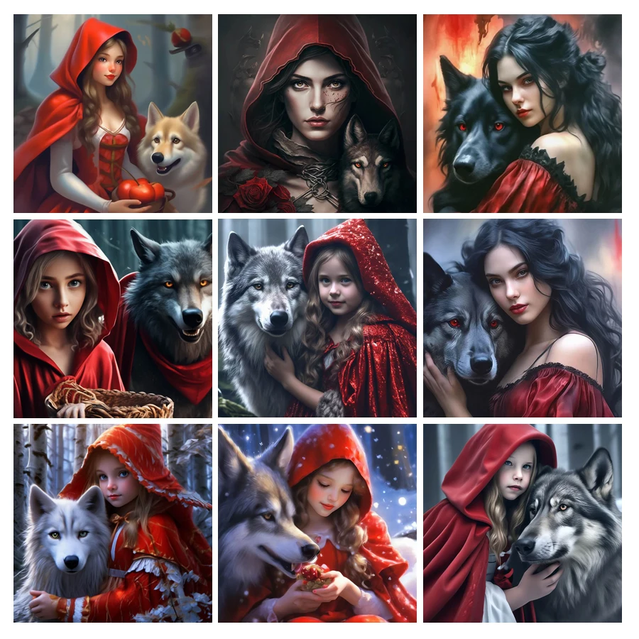 Diy 5d Diamond Painting New Arrival 2024 Women And Wolf Full Mosaic Embroidery Red Clothes Girl Rhinestone Picture Wall Decor