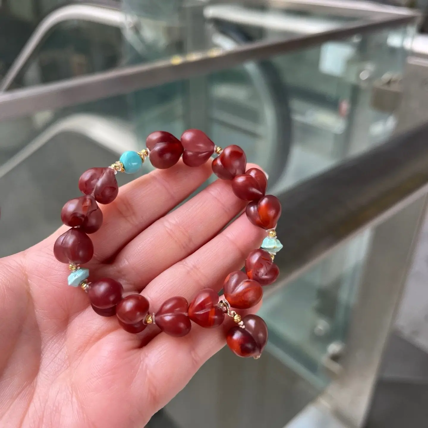 Natural Deep Red Agate Flame Pattern Heart Bracelet, Single Strand with Turquoise, 18K Gold Accent Gemstone Jewelry Gift