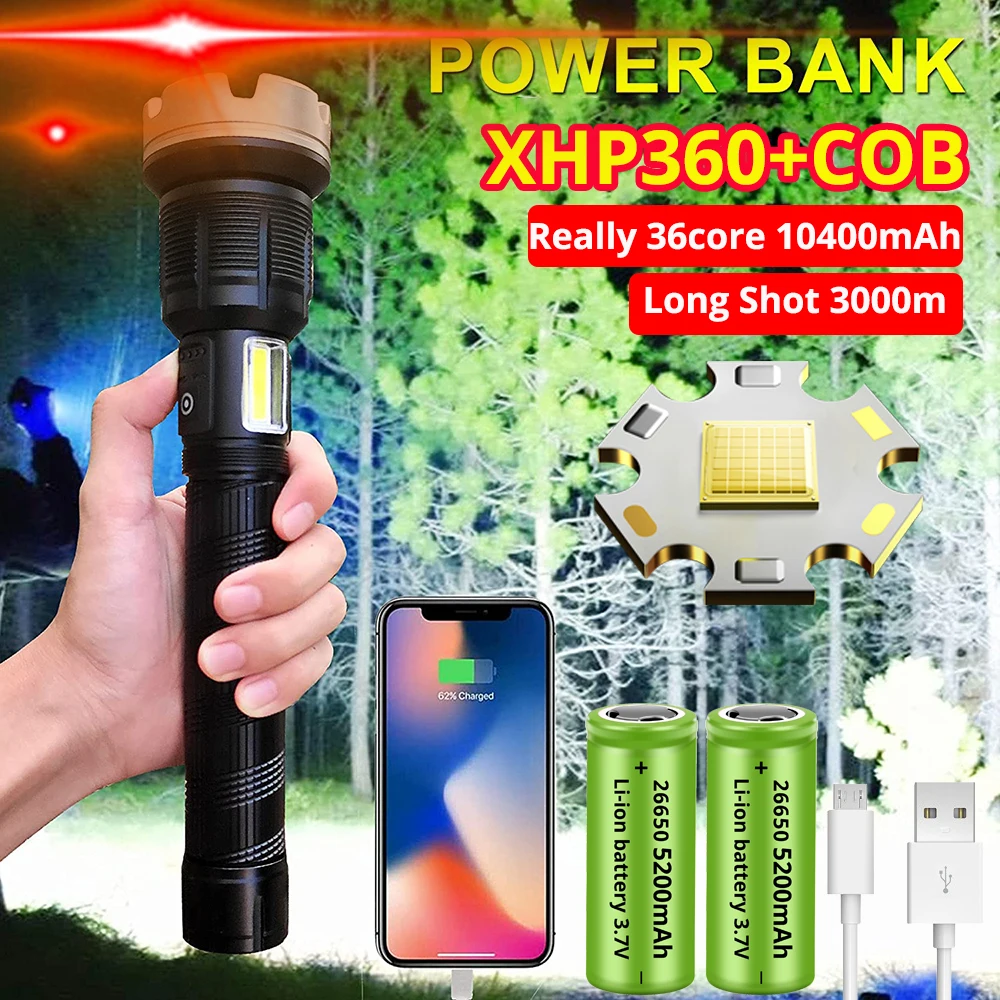 

5000000 Lumens XHP360-36core Flashlight Most Powerful 10400mah USB Rechargeable Zoom Lantern for Camping Hiking Hunting Fishing