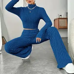 Women'S Two Piece Knit Outfits Winter Warm Ribbed Turtleneck Sweaters And Wide Leg Pants Tracksuit Sets Pant Suit Pull