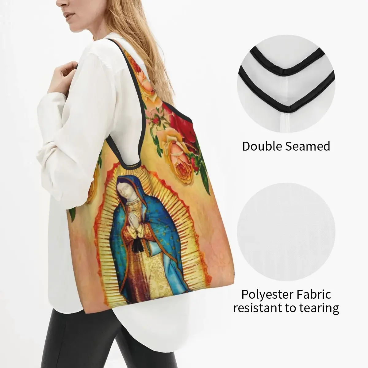 Our Lady Of Guadalupe Reusable Shopping Grocery Bags Foldable 50LB Weight Capacity Virgin Mary and Roses Eco Bag Eco-Friendly