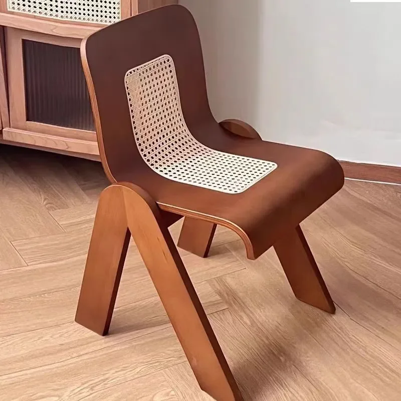 chair retro rattan, home office bedroom French light luxury solid wood backrest dining chair