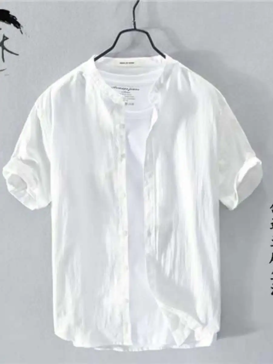 

Новая летняя мужская рубашка из льна и хлопка, свободного кроя, повседневная, однотонная, с воротником-стойкой, из льняной ткани, весенняя