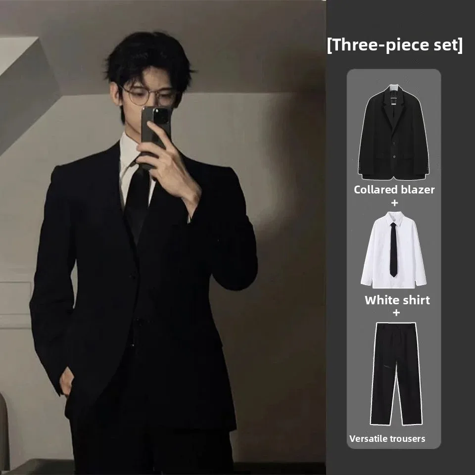 Shoulder Padded Men's Suit Jacket College Style Spring Autumn Student High End Feeling Small Western Suit DK Uniform Set Clas...
