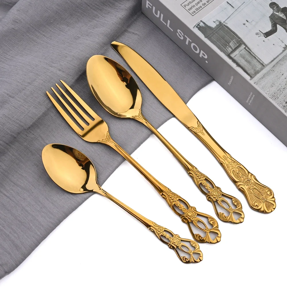 16Pcs Cutlery Set Gold Dinnerware Set Stainless Steel Tableware Vintage Knife Fork Dessert Spoon Silverware Kitchen Flatware