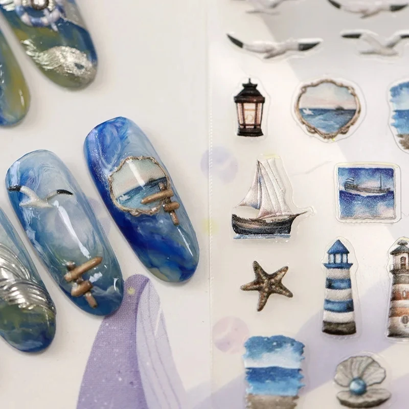 Nautical Elements Lighthouse Seagull Lifebuoy Boat 5D Embossed Reliefs Self Adhesive Nail Art Stickers Summer 3D Manicure Decals