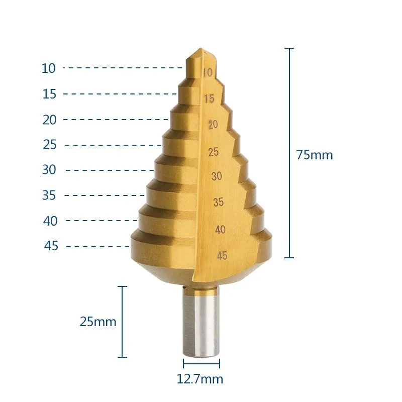  10-45mm Step Drill Bit HSS Metal Drill Bit Triangle Shank Metal Hole Cutter Drilling Tool Titanium Coated Step Cone Drill 