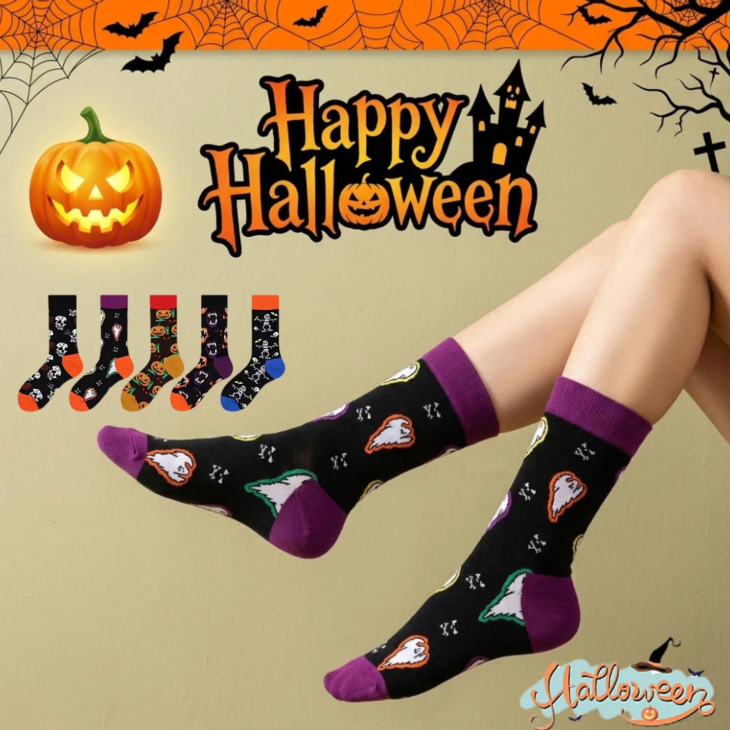 Halloween Cosplay Socks 5 Pairs, Funny Skull Pumpkin Ghost Mummy Crew Socks, Unisex Novelty Socks for Women Men Fall Winter