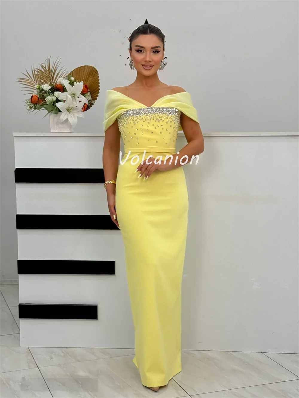 Customized Intricate Exquisite Jersey Rhinestone Beading Ruched Straight Off-the-shoulder Long Dresses Bespoke Occasion Dresses