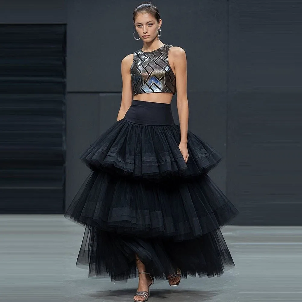

Black Tulle Skirt With Elastic Waist Ruffle Evening Party Skirt Long Custom Made Layered Girls Party Skirt Female Maxi Skirt