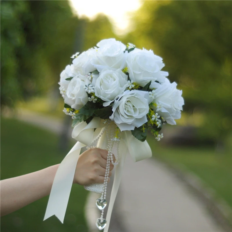 Ramo de novia para dama de honor, flores de seda blanca, rosas artificiales, ramo de boda, accesorios de boda