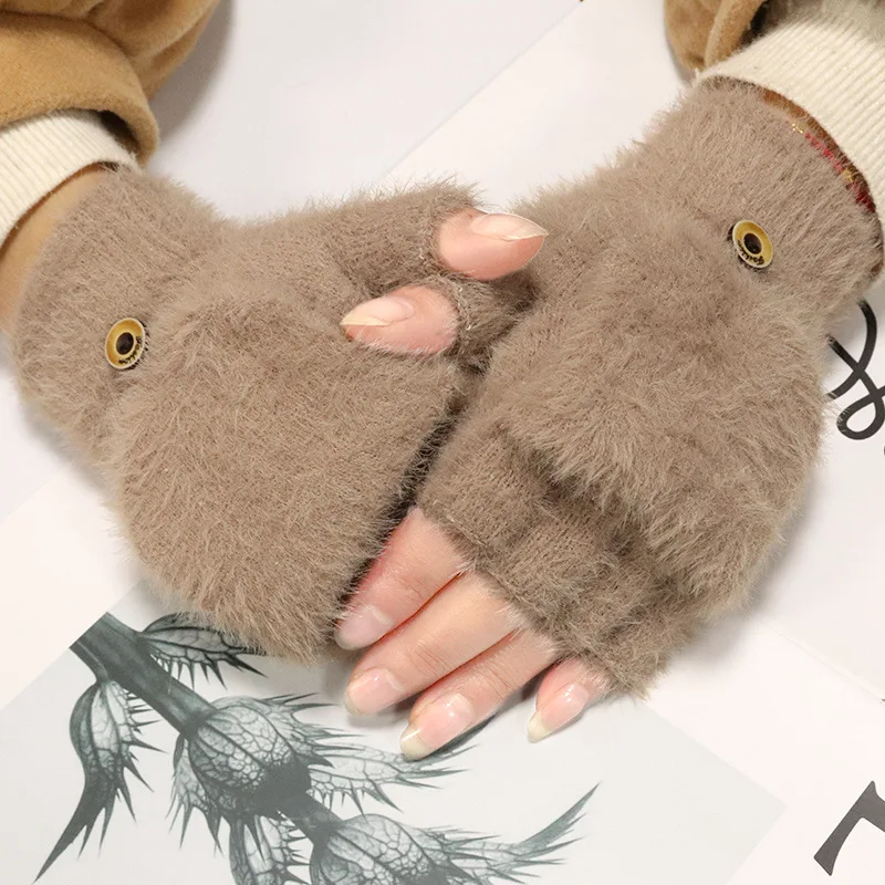 Winter Flip Women Gloves Cute Warm Knit Fleece Half-Finger Clamshell Kawaii Gloves for Female Students Writing Plush Gloves