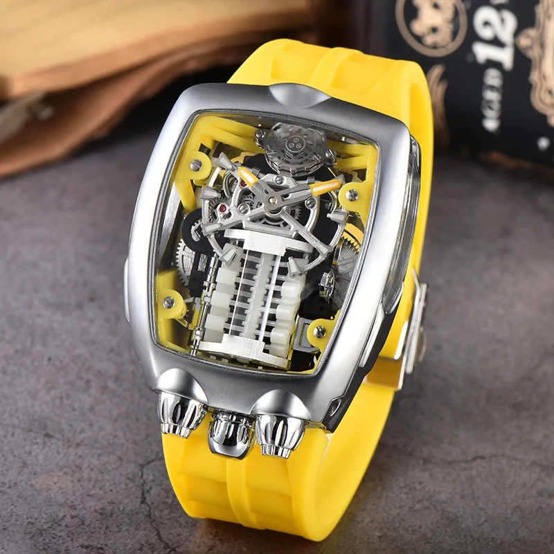 Новые мужские спортивные часы с циферблатом двигателя автомобиля, многоцветный пластиковый ремешок, модные часы с вырезами